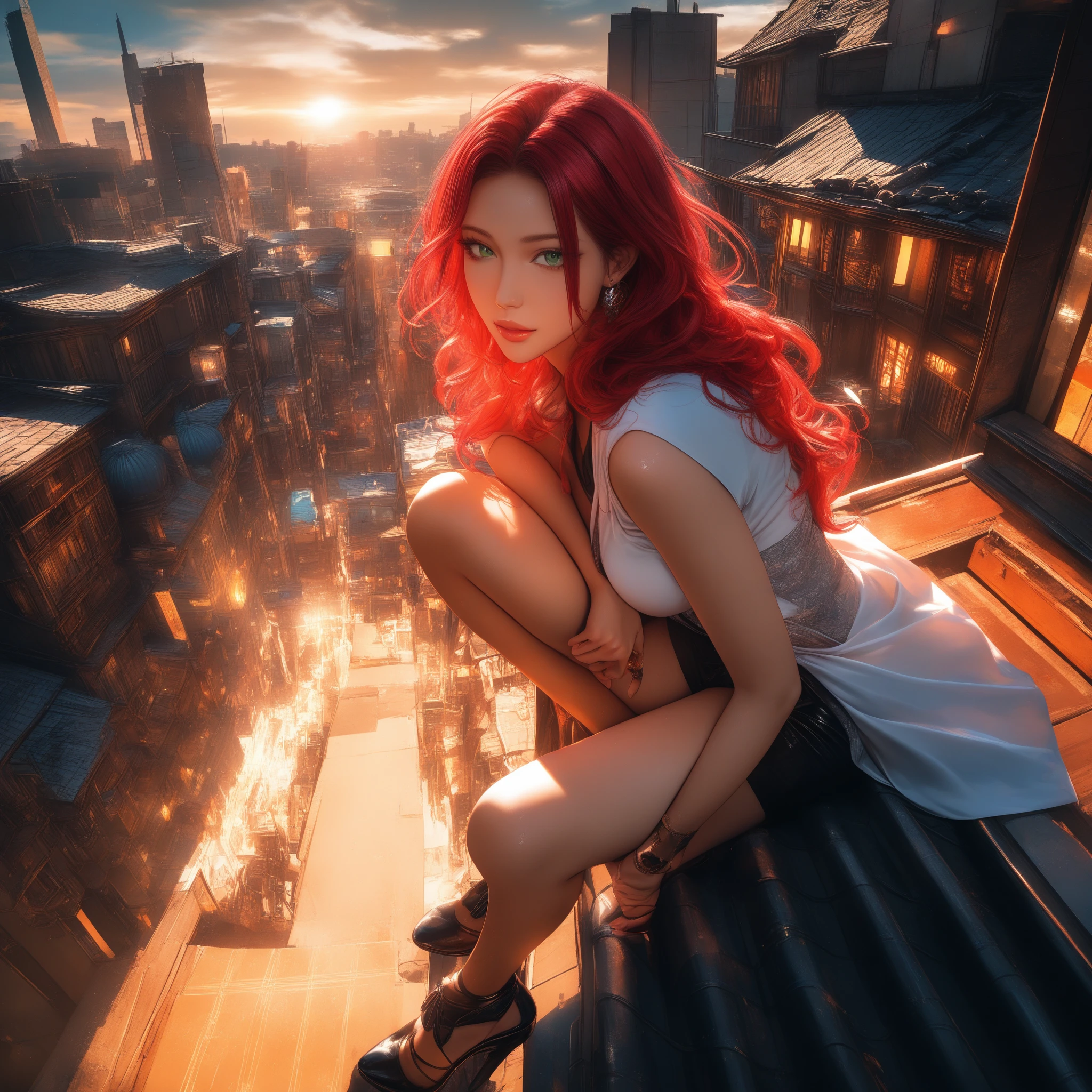 Mulher ruiva da cidade tomando sol sozinha na cobertura
