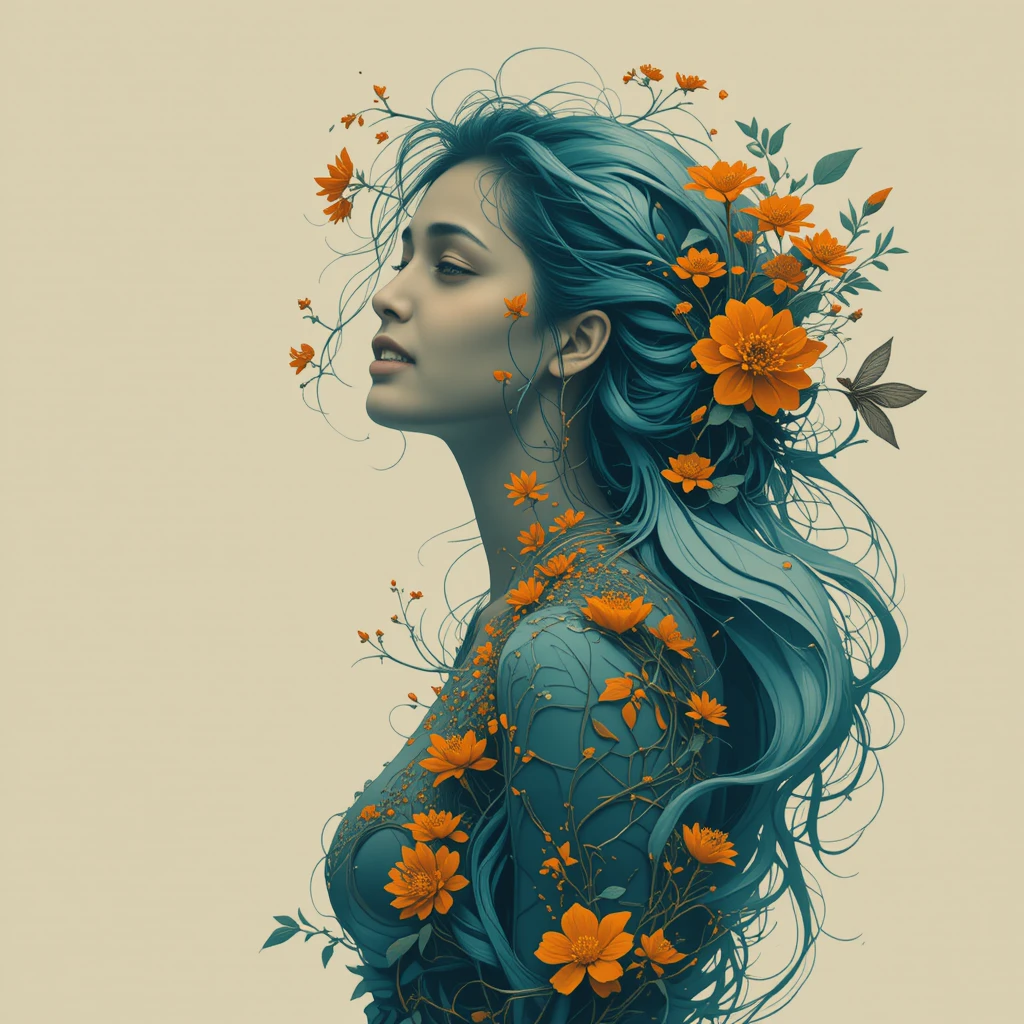 Donna di profilo con capelli color teal e fiori arancioni