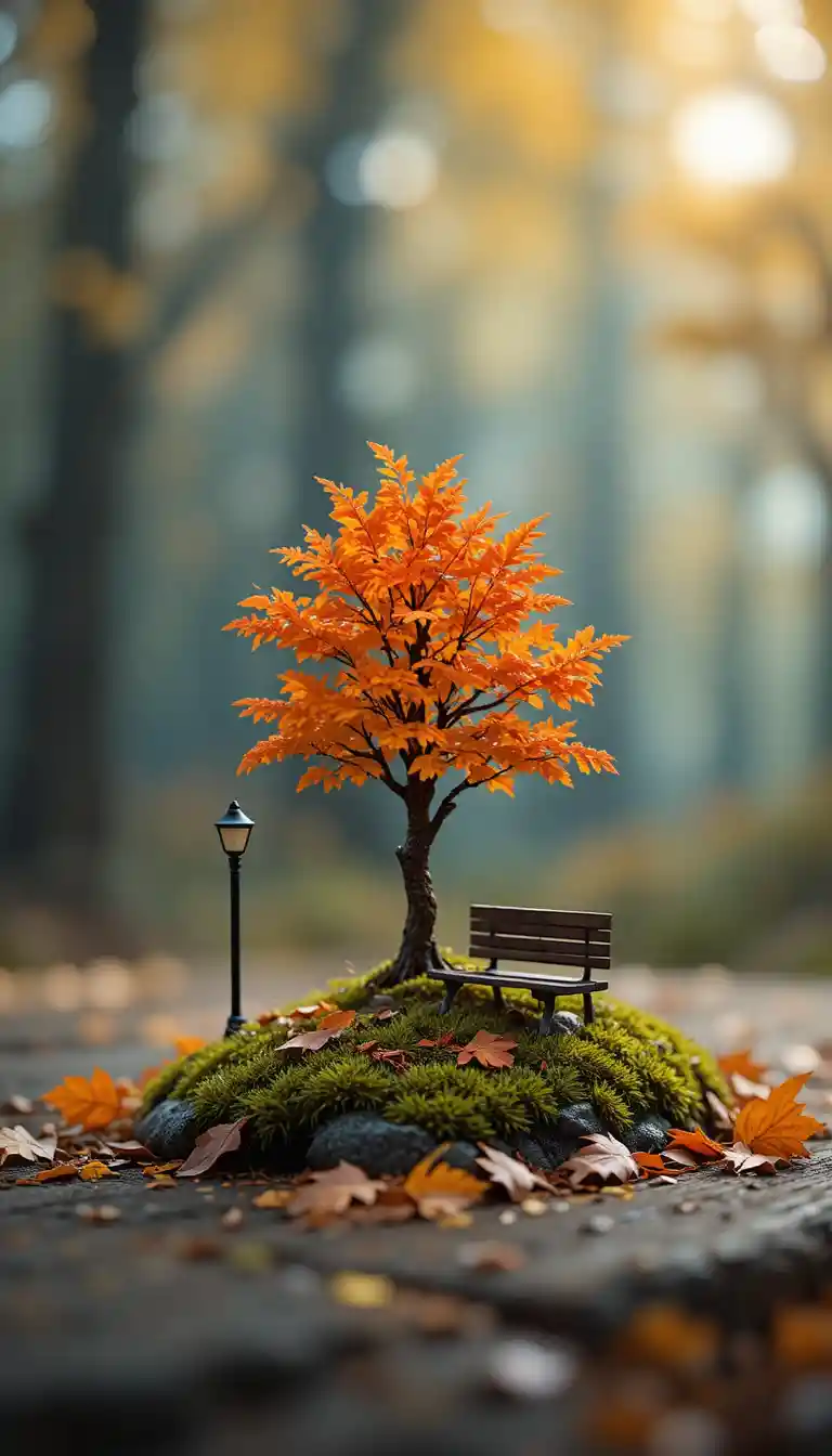Miniature orange tree on wooden surface with autumn leaves