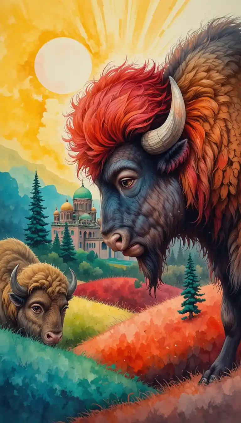 Watercolor bison sharing a gentle nose touch moment