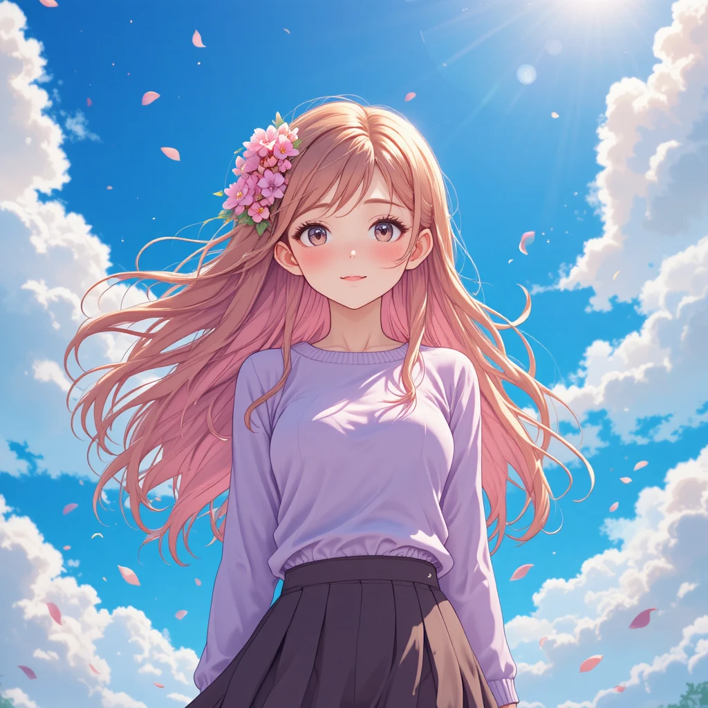 Garota de anime com suéter lavanda sob um céu azul brilhante