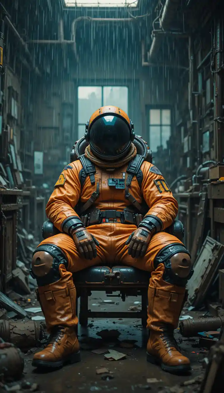 Relaxed astronaut in orange suit in gritty industrial room