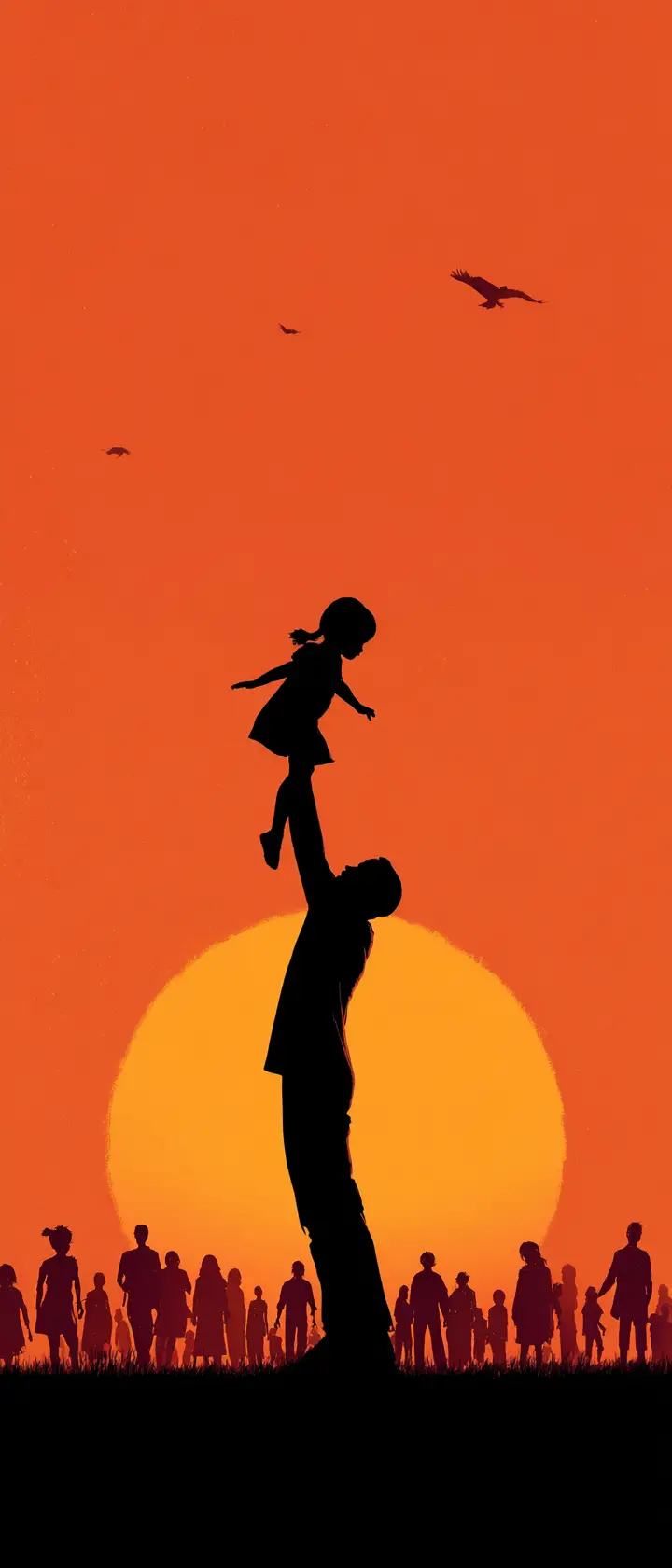 父親在夕陽下的海灘舉起女兒的剪影