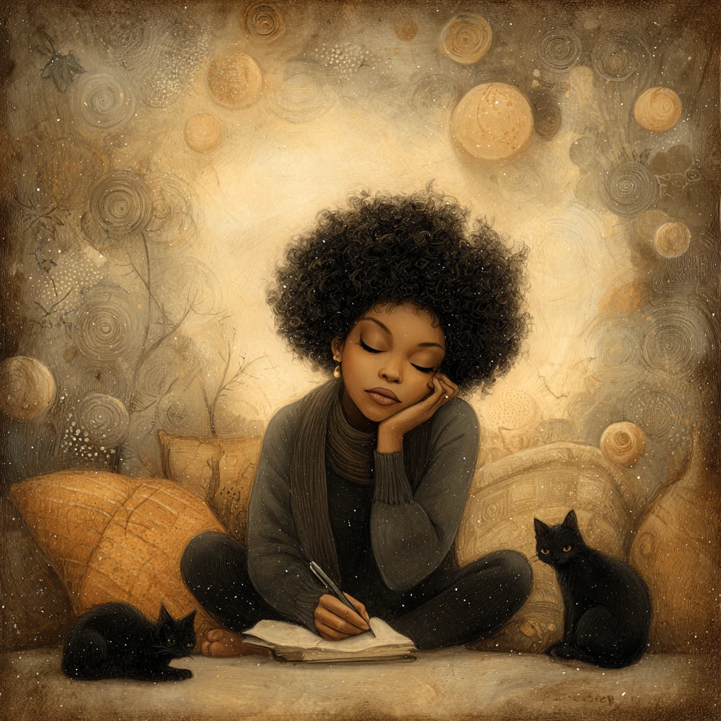 Mujer afroamericana escribiendo en su diario con gatos en una habitación acogedora