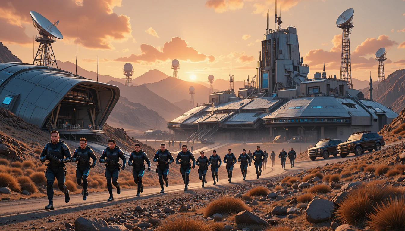 Base militar futurista na montanha ao amanhecer em intensa atividade