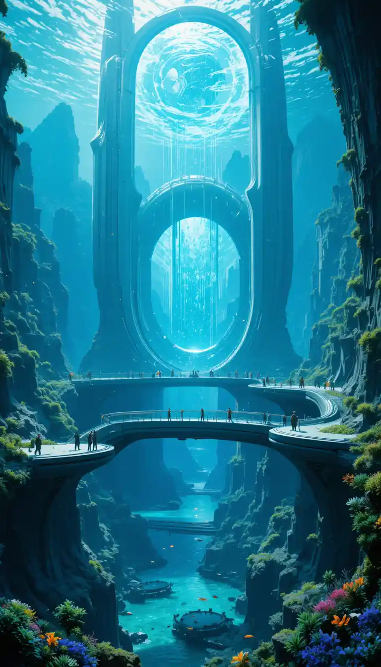 Futuristic underwater city with towering curved megastructures