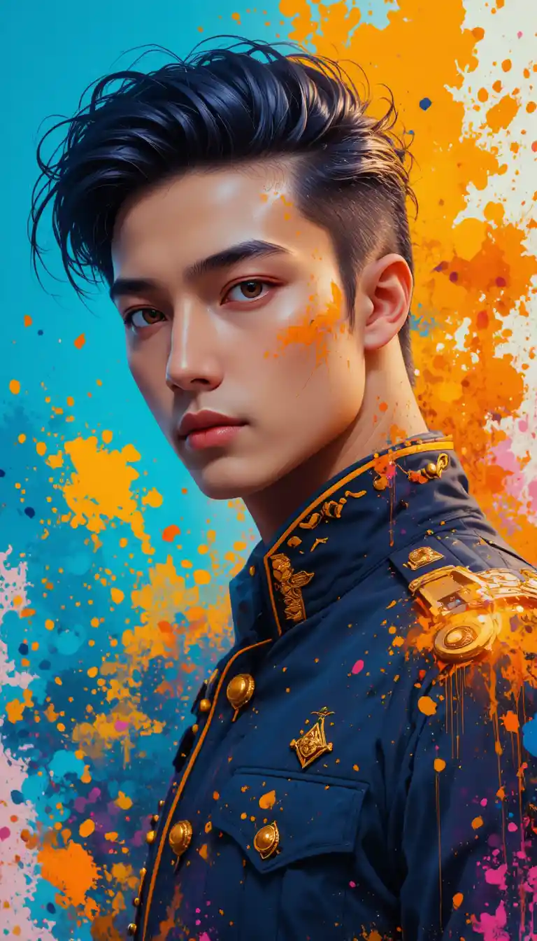 Thoughtful man in military jacket with colorful splashes