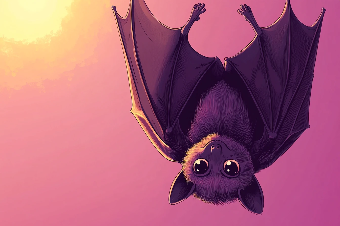 Cartoon bat hanging upside down with cloak like wings