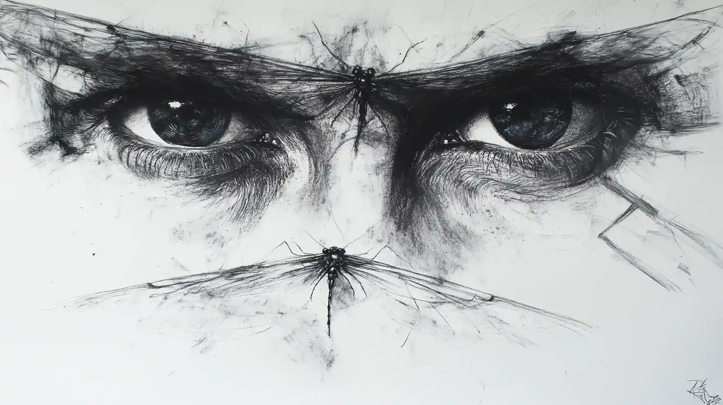 Retrato surreal em close com olhos facetados como os de uma libélula