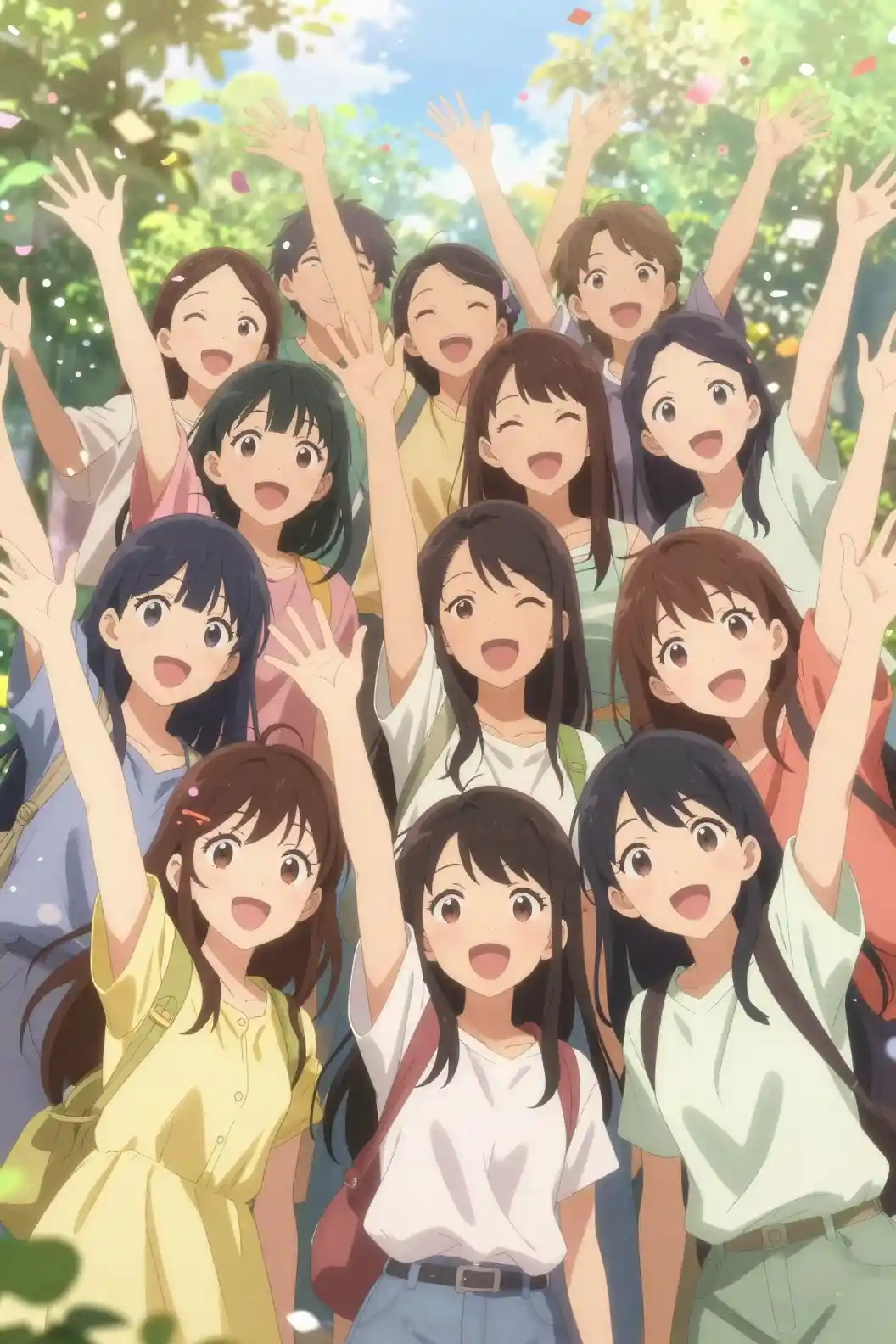 Joyful anime girls celebrating together under sunny skies