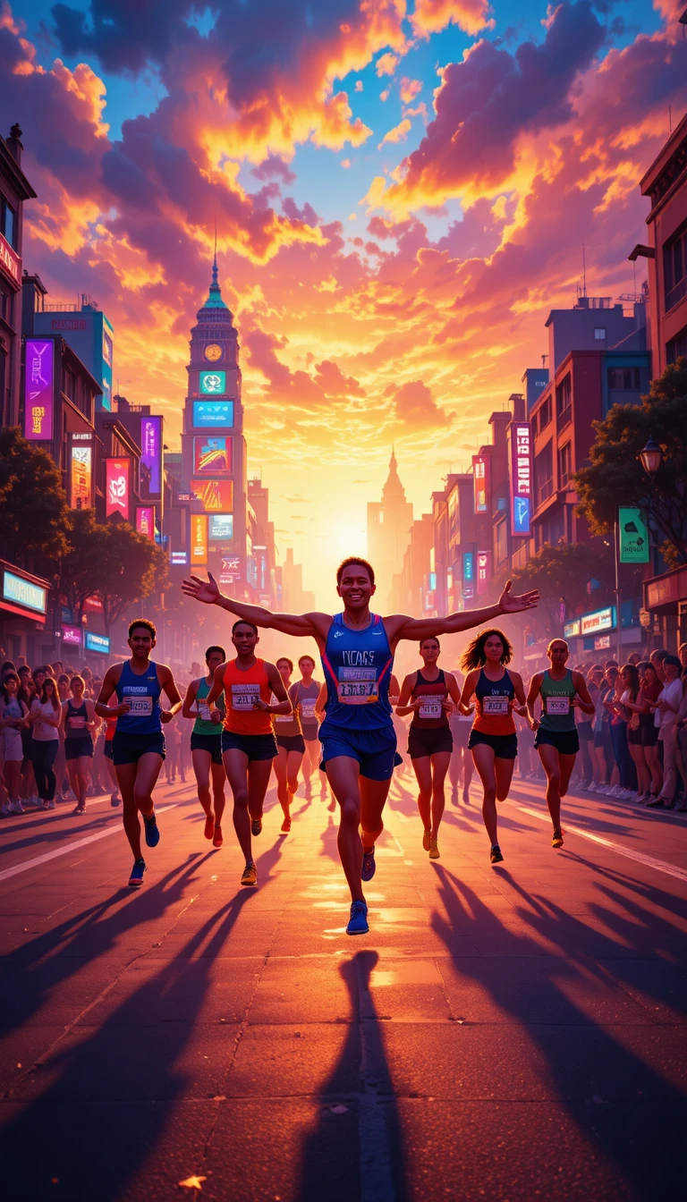 Corredores de maratón urbanos y coloridos al atardecer bajo luces de neón