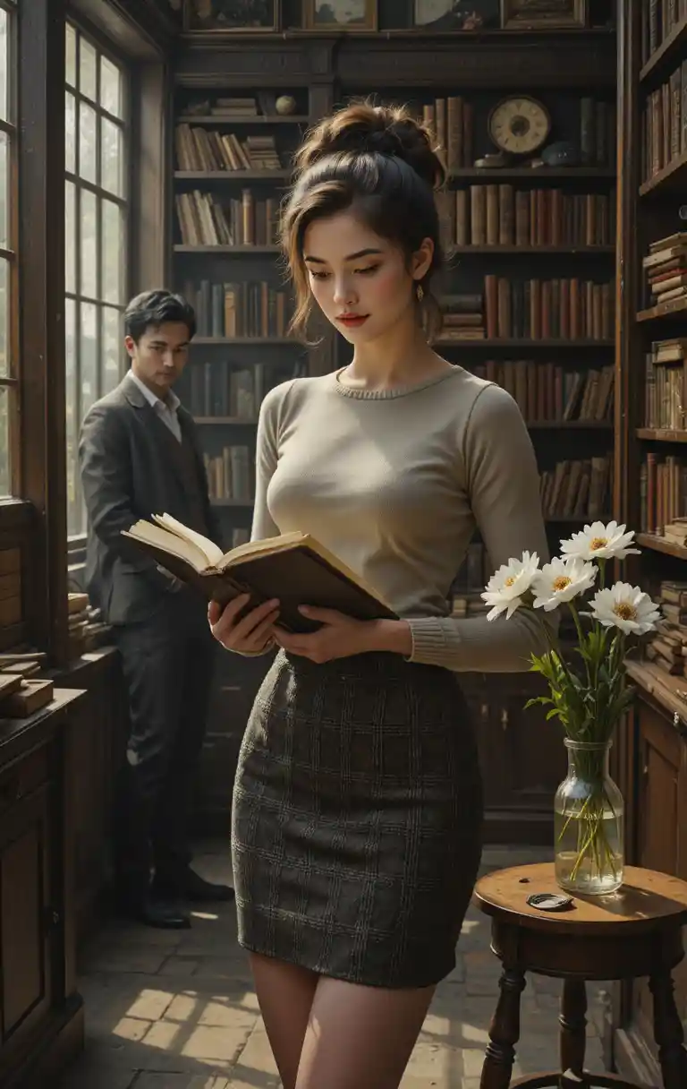 Elegant woman browsing books in a warm antique shop