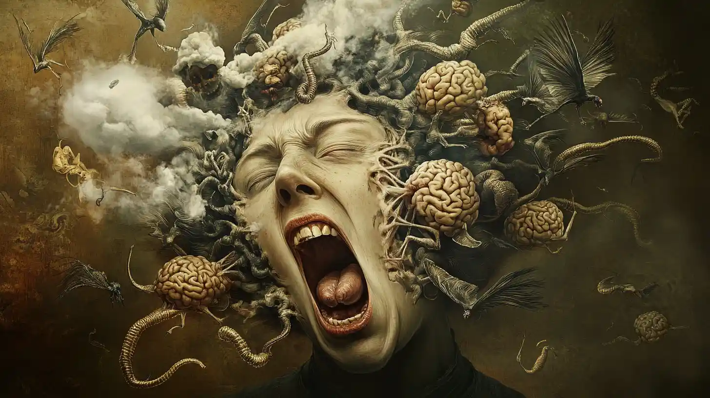 Surreal Distorted Woman Head With Demonic Flying Creatures