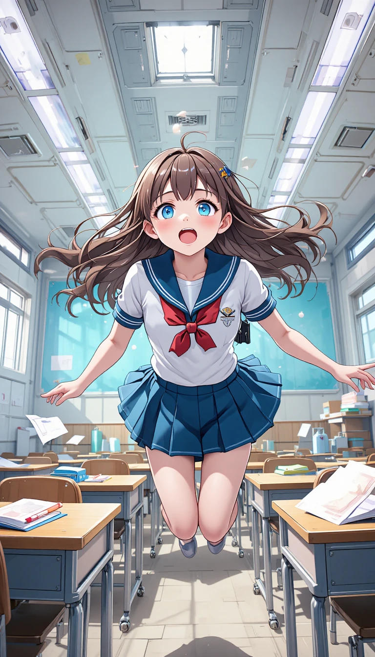 Anime schoolgirl floating in a colorful zero gravity classroom