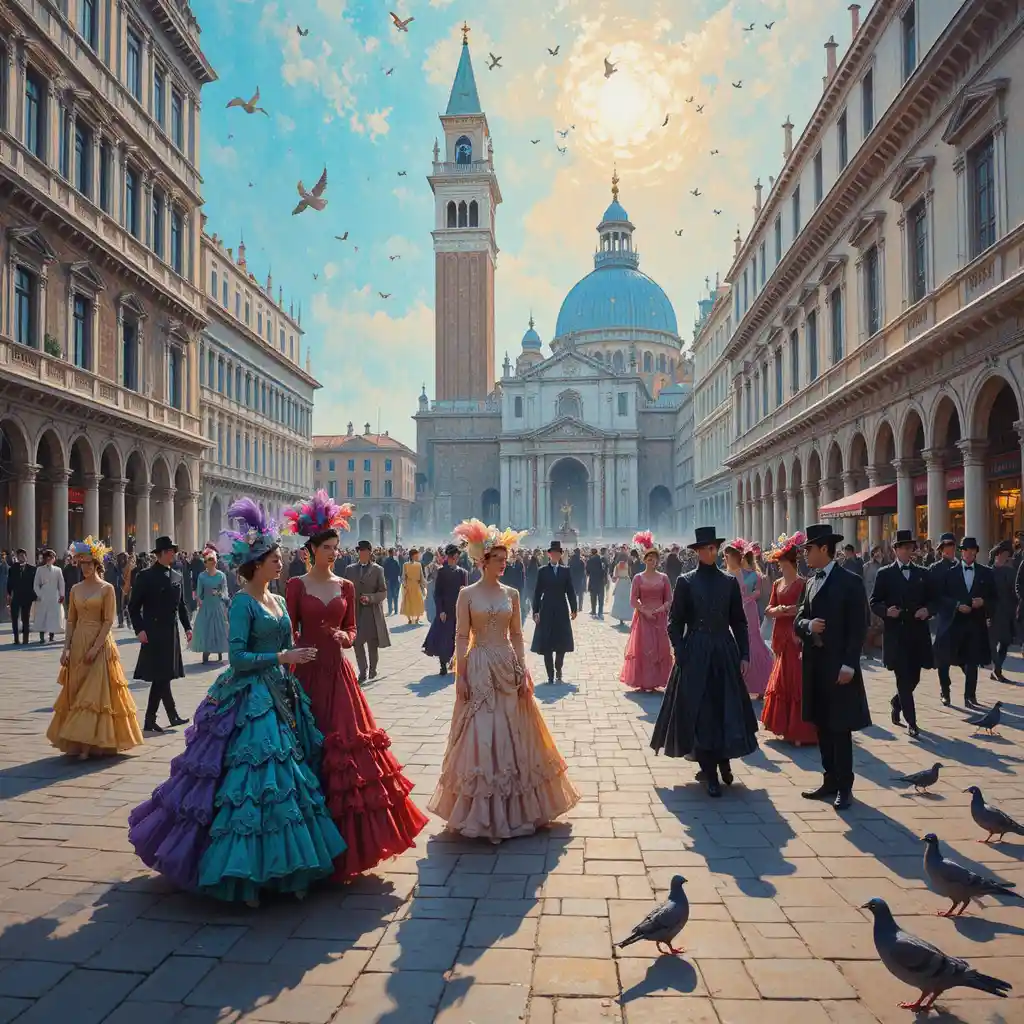 Venetian carnival crowd in a luminous pointillist city square