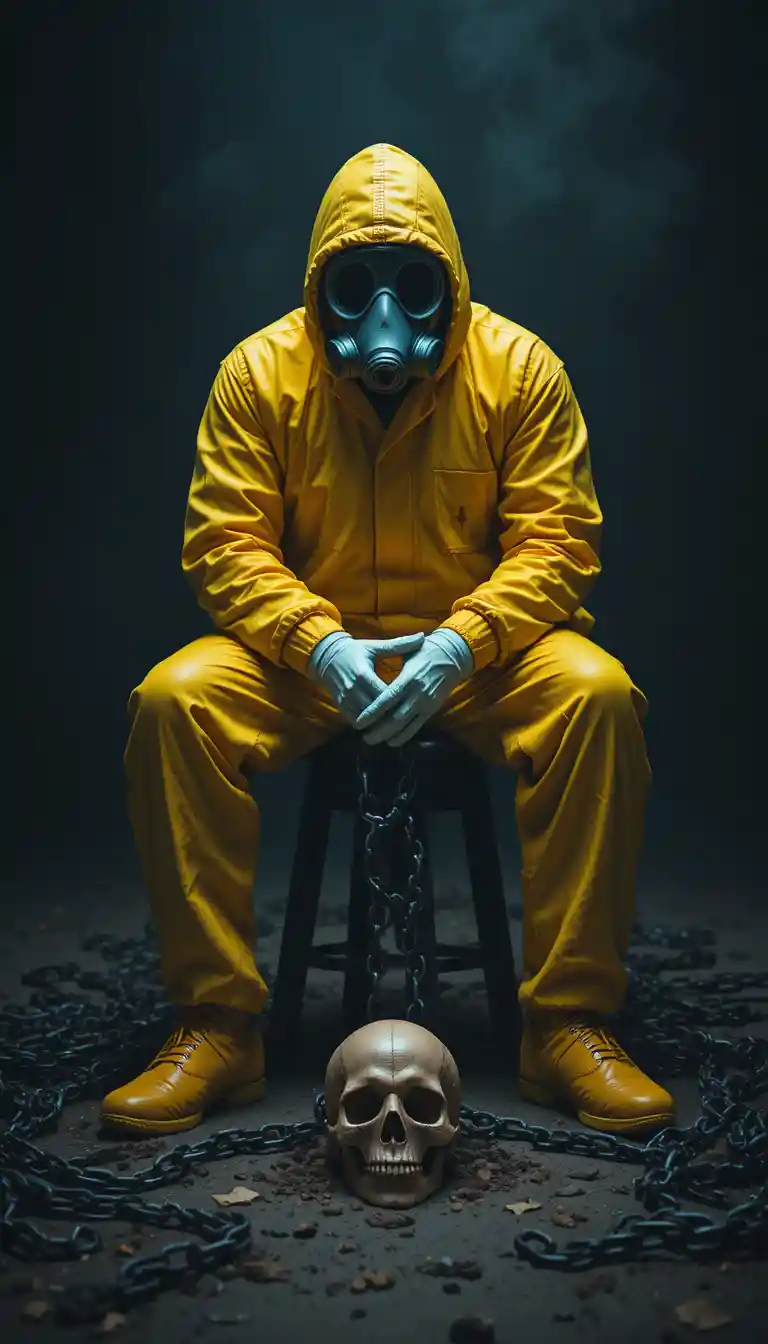 Man in yellow hazmat suit with skull and chains