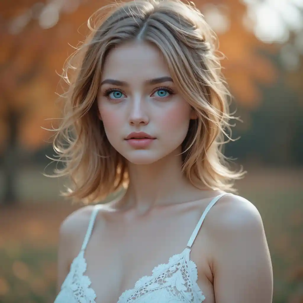 Jeune femme en robe blanche devant un doux feuillage d’automne