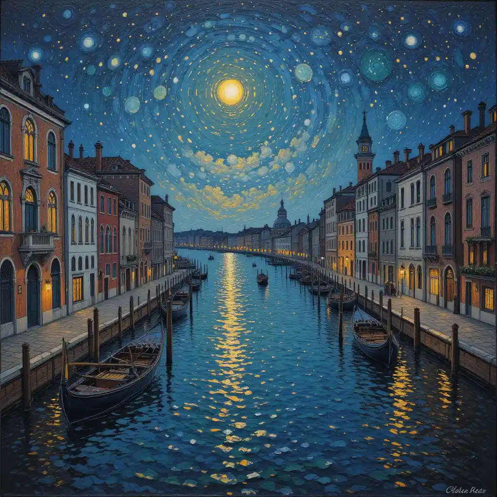 Pointillistische Venedig-Stadtansicht unter ruhigem Nachthimmel