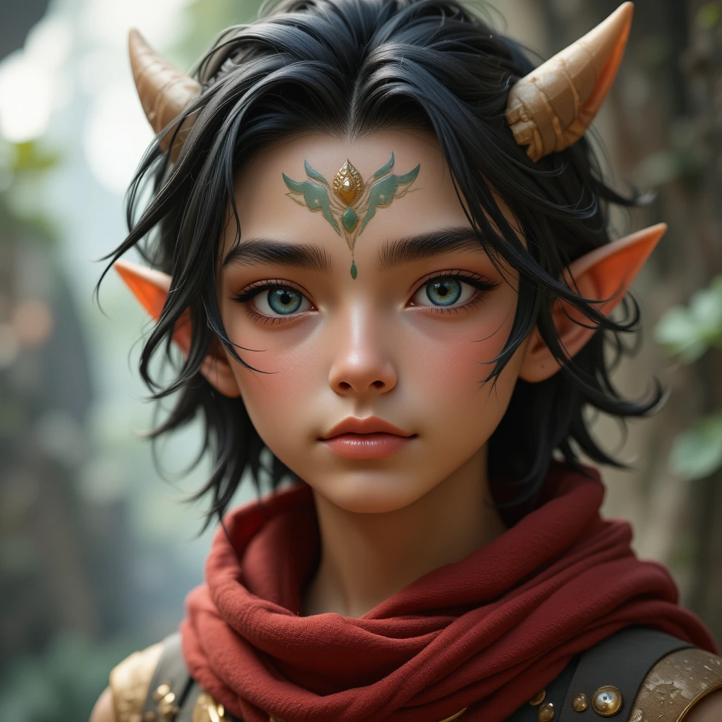 Teenage Eliatrope boy with coral eyes and dark curls