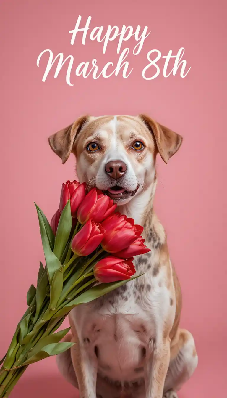 분홍 배경에 붉은 튤립 꽃다발을 든 고양이 초상