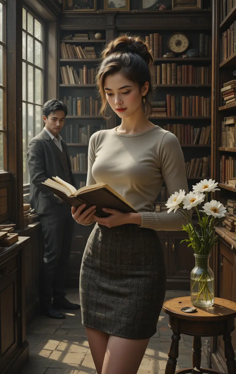 Elegant woman browsing books in a warm antique shop