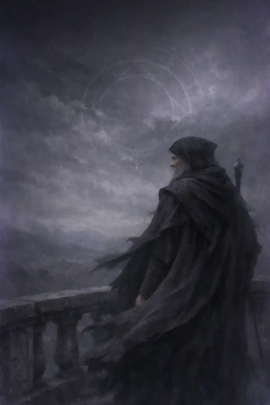 Arquimago medieval na varanda sob um céu noturno fraturado
