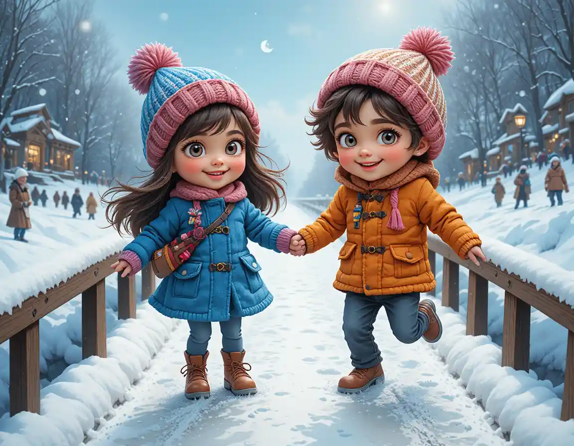 Two joyful children jumping on a snowy winter bridge