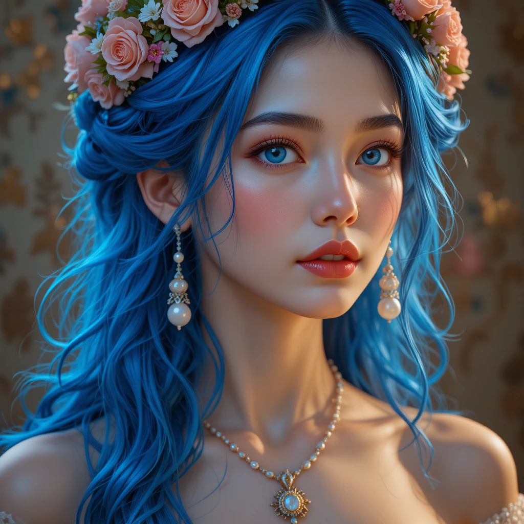 金色掛毯中的藍髮玫瑰花冠少女肖像