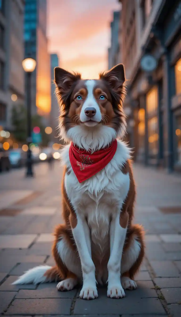 Border collie com bandana vermelha na calçada da cidade ao pôr do sol