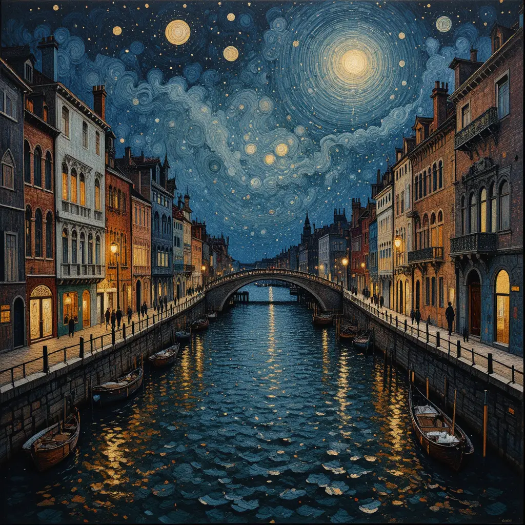Pointillist night view of Venice waterfront cityscape