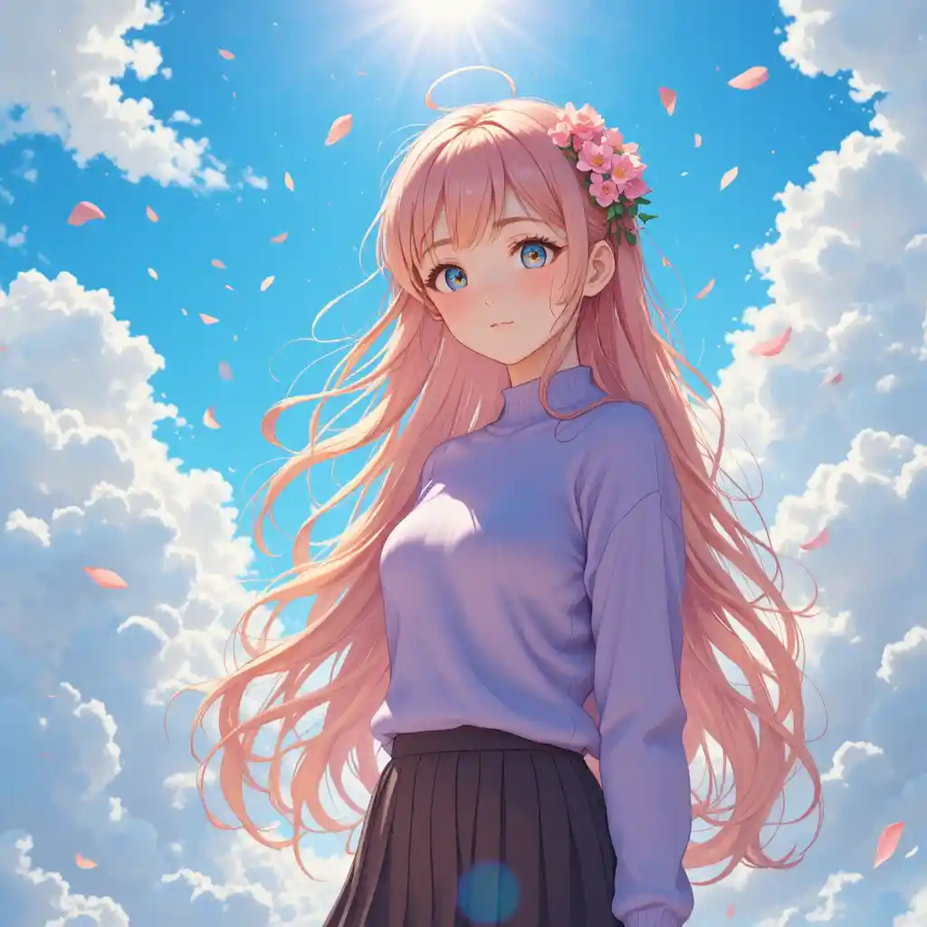 Ragazza anime sotto un cielo azzurro brillante con petali svolazzanti