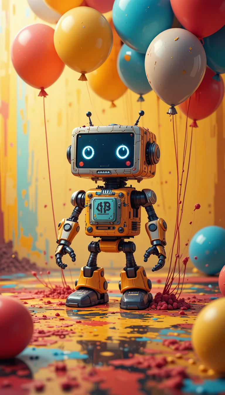 Adorável robô em pixel com balões em chão colorido e molhado