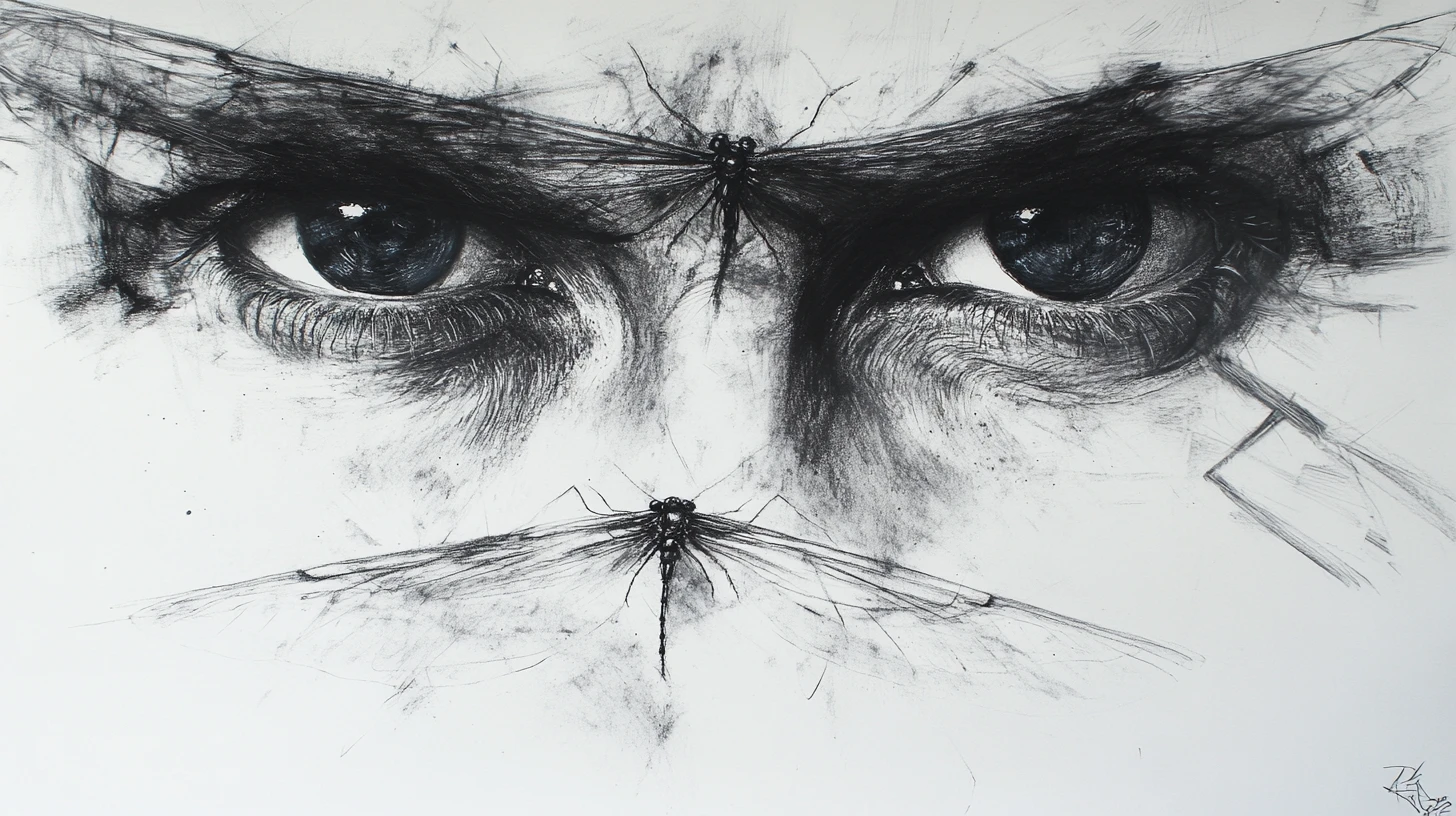Retrato surreal em close com olhos facetados como os de uma libélula