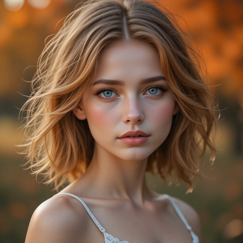 Portrait d’une jeune femme aux yeux bleus dans la lumière d’automne