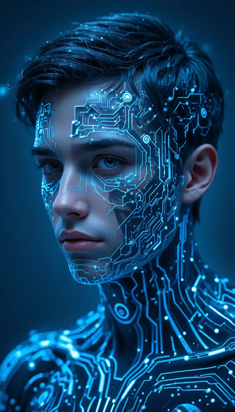 Junger Mann mit leuchtend blauer digitaler Schaltkreis-Gesichtsmaske