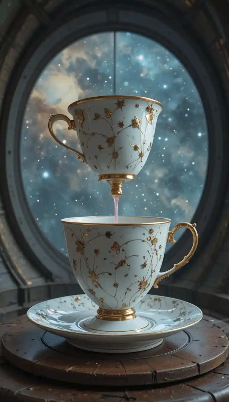 Xícara giratória surreal diante de uma nebulosa cósmica distante