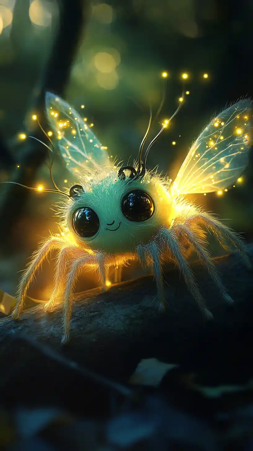 Cute fairy spider creature glowing with gentle magic light