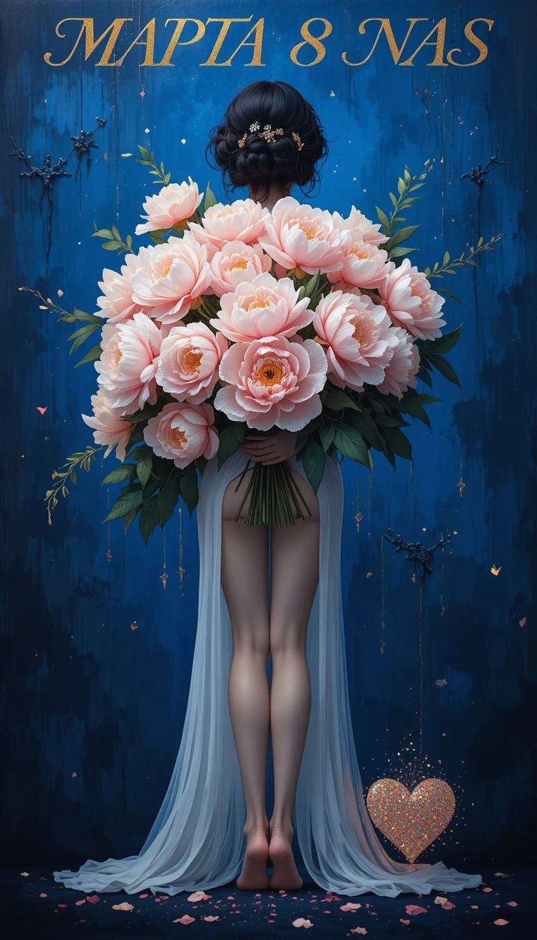 Mulher de vestido branco com peônias cor‑de‑rosa em fundo azul