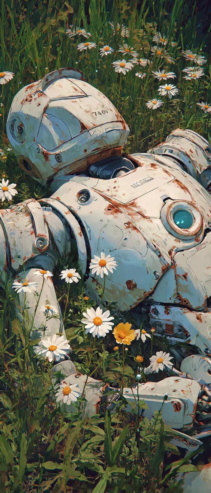 Criança homenageando um mecha caído em um campo de flores silvestres