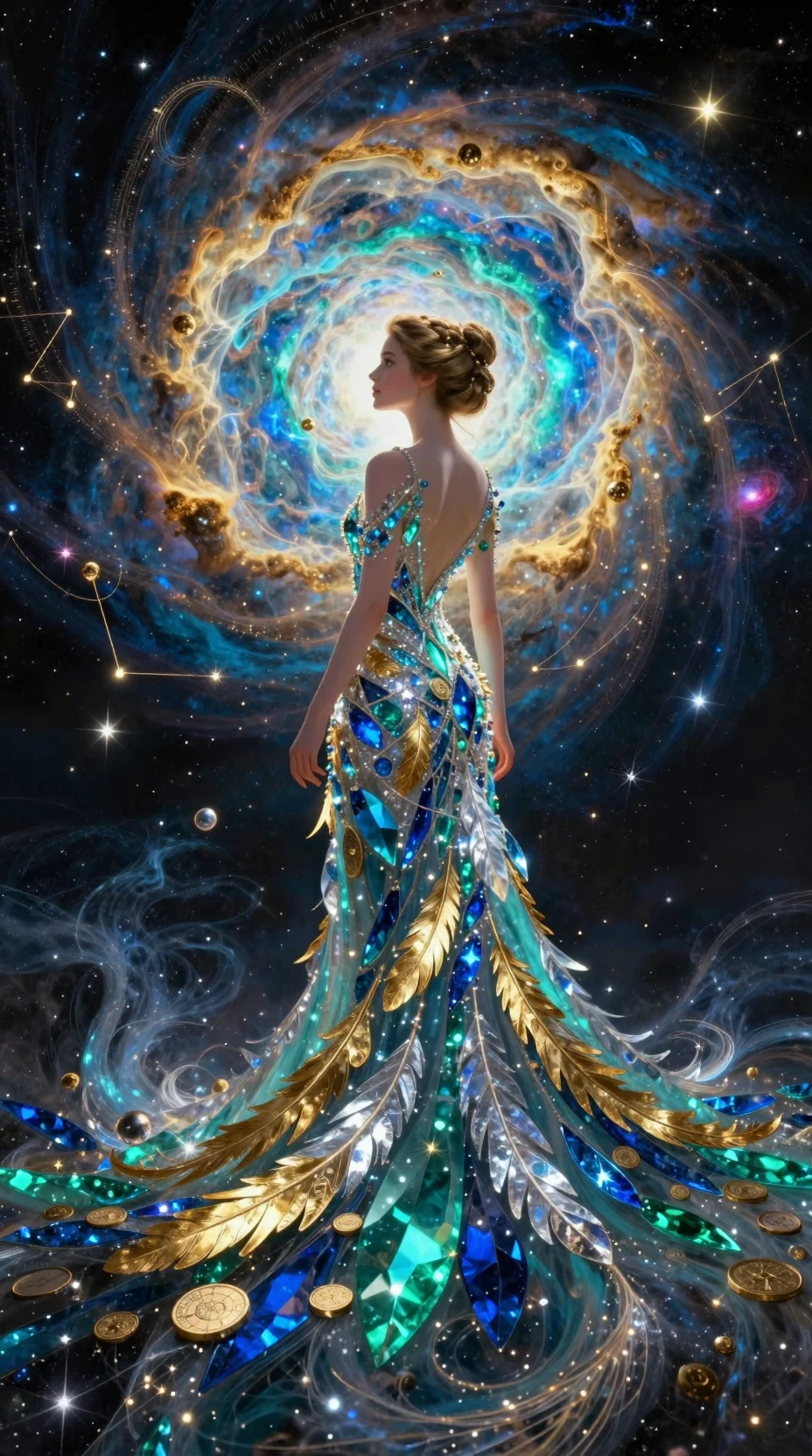 Elegant woman emerging from a glowing cosmic nebula