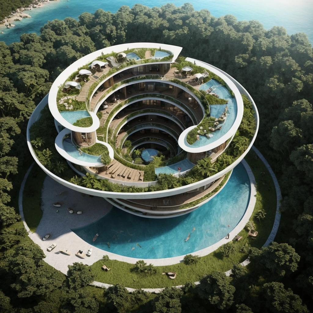Resort ecológico futurista em forma de náutilo sobre águas costeiras turquesa