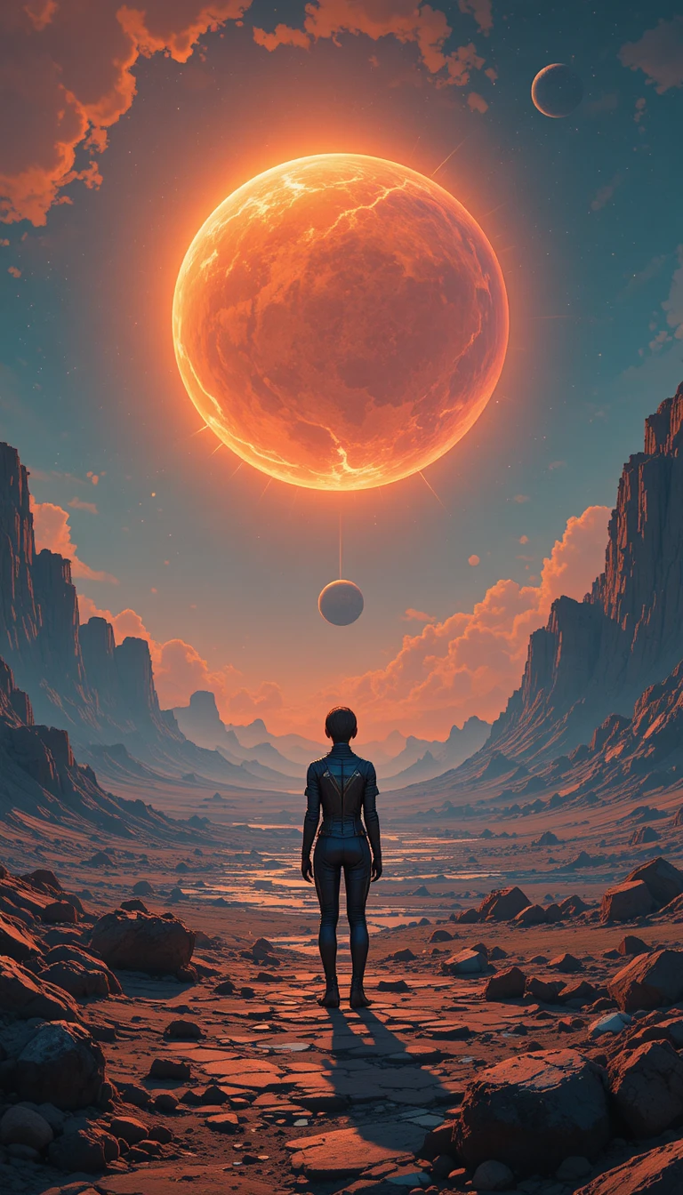 Lone Figure Under Glowing Planet In Alien Landscape