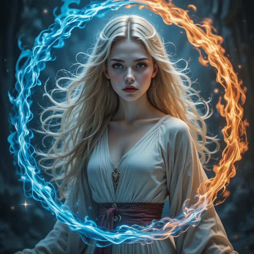 Ritratto fantasy di una strega con fiamme elementali blu e arancioni