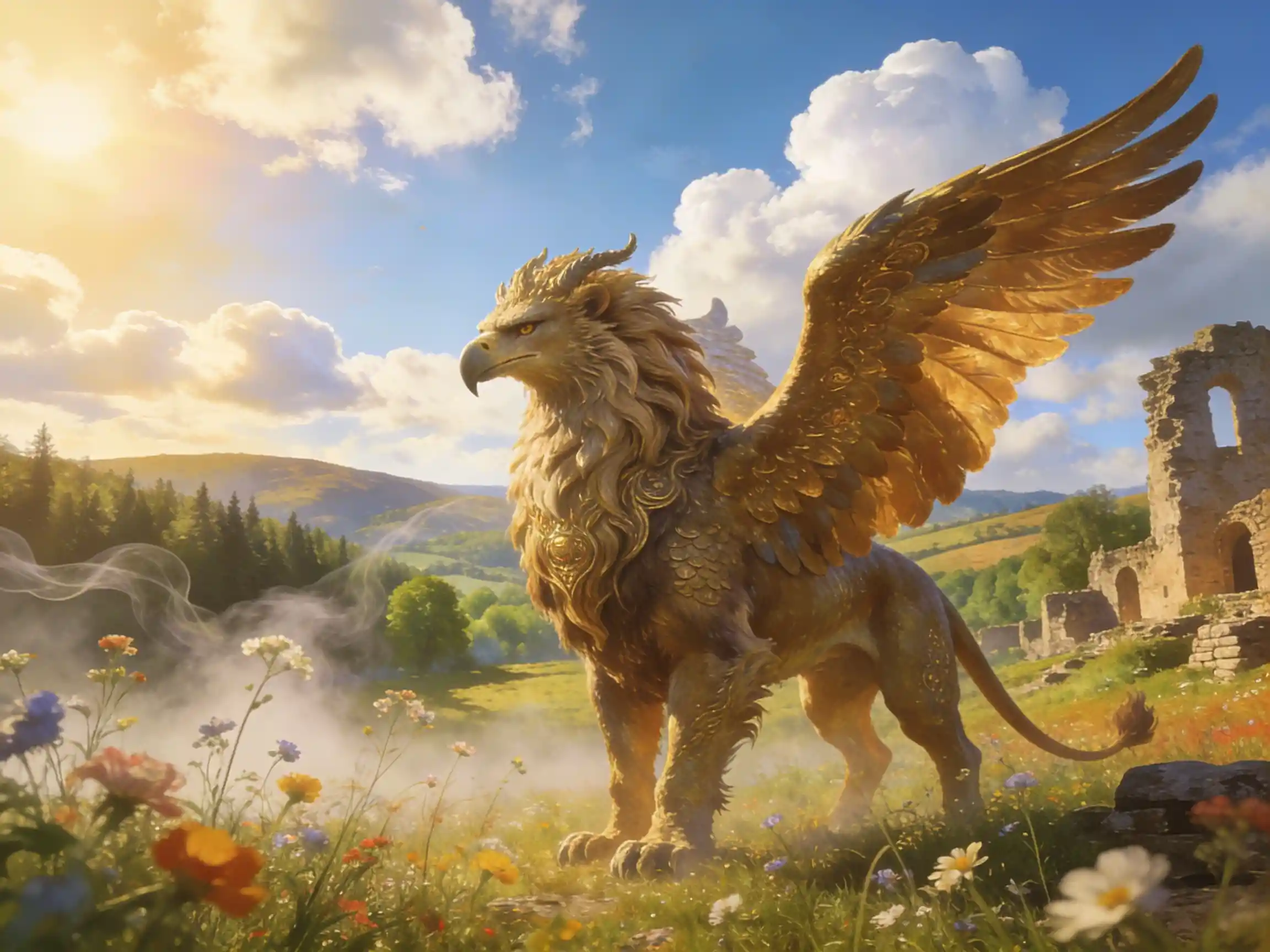 Majestic griffin in sunlit countryside ruins