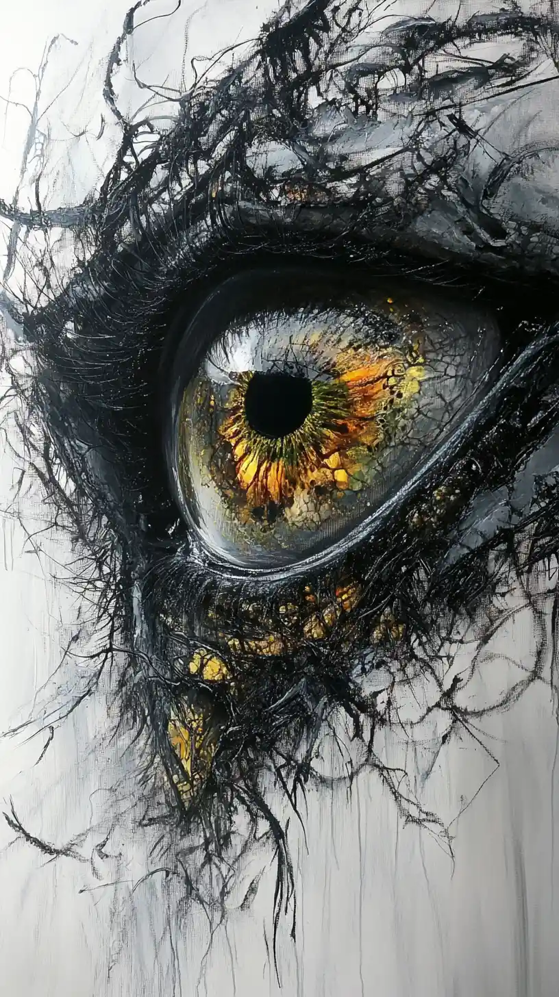 Abstraktes Insekt mit großen reflektierenden Augen in Mixed-Media