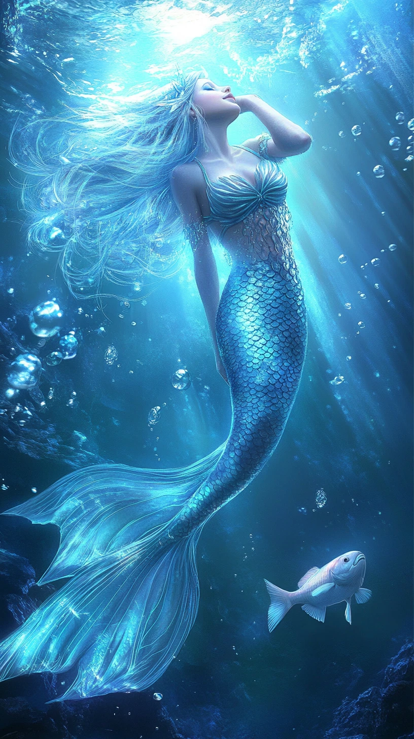 Sirena pacifica alla deriva in un sogno subacqueo luminoso