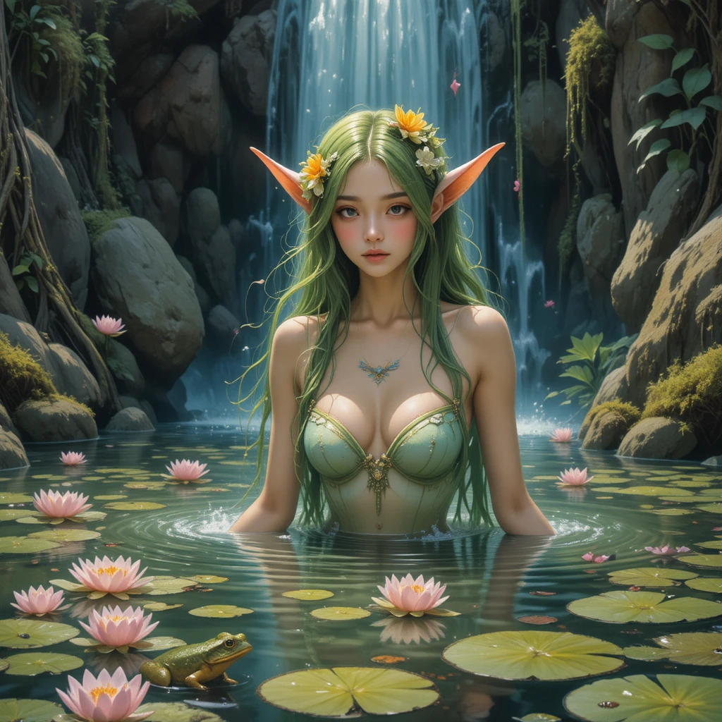 Wassernymphe badet unter einem Wasserfall im Wald