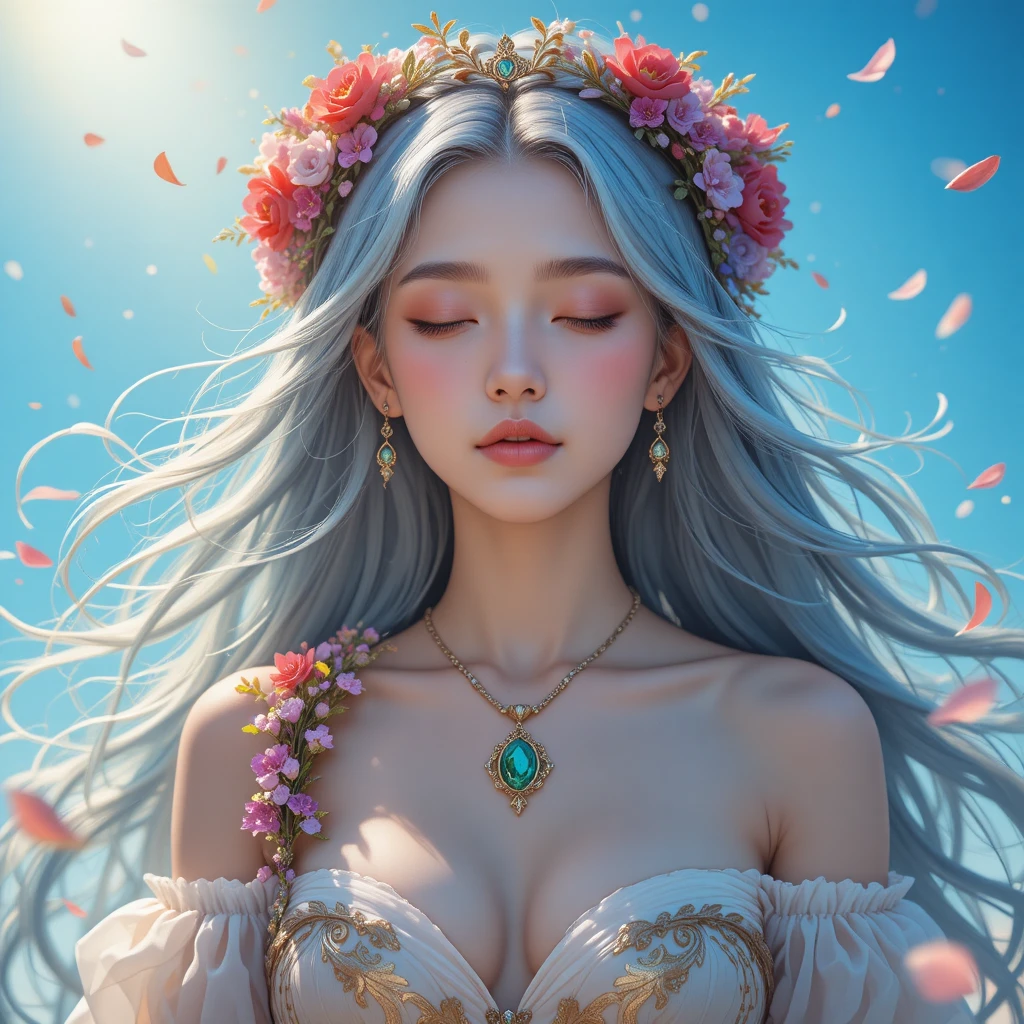 Fille de fantasy aux cheveux argentés couronnée de fleurs au soleil