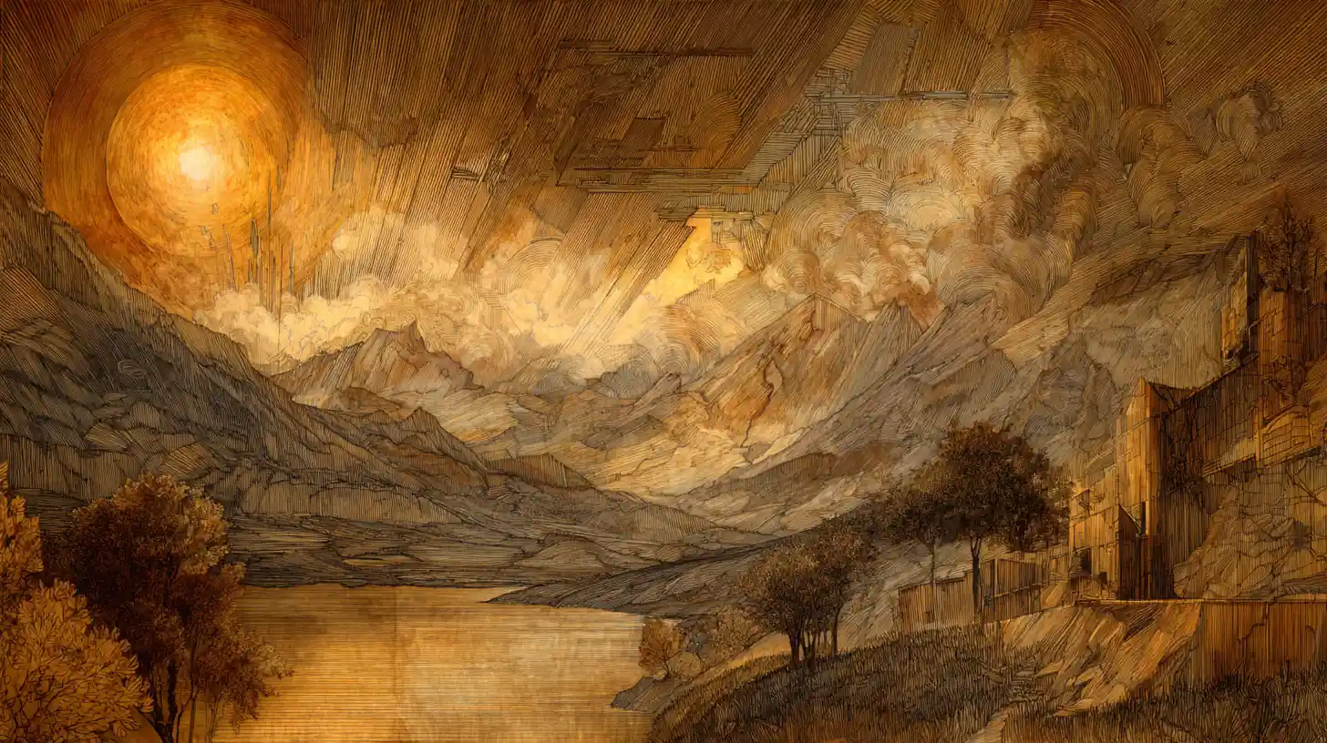 Paisagem abstrata surreal em técnicas mistas com formas dramáticas