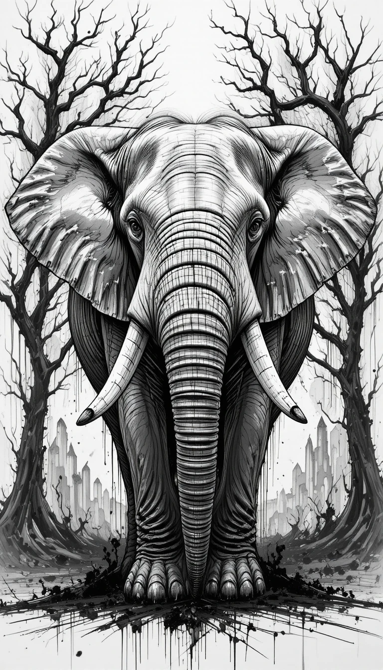 Dessin numérique en noir et blanc d’un éléphant d’Afrique de face